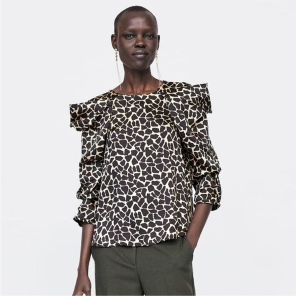 Zara silky feel draped sleeve giraffe print blouse